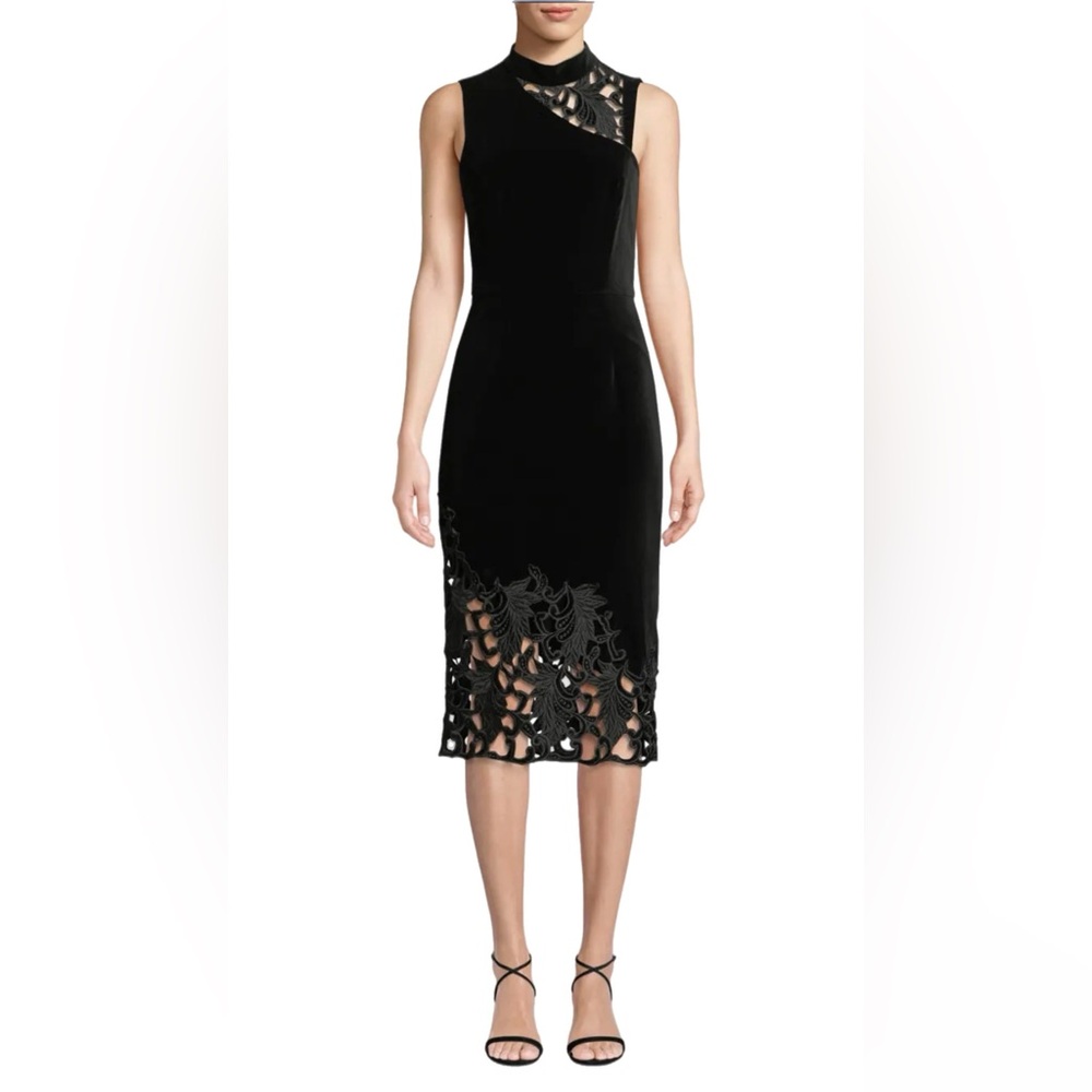 Alice + Olivia Embroidered Lace Velvet Stretch Sheath Midi Dress Size 0 Black